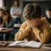 Enfant qui a honte en classe et enseignant qui juge