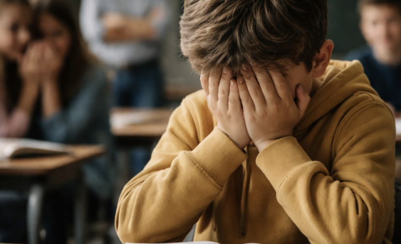 Enfant qui a honte en classe et enseignant qui juge