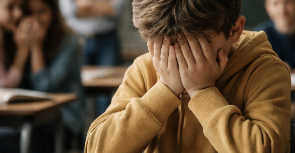 Enfant qui a honte en classe et enseignant qui juge